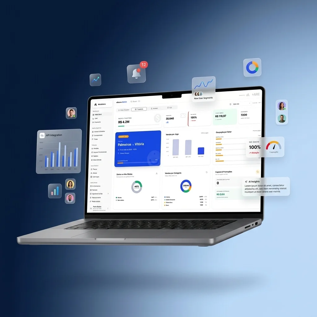Dashboard administrativo +Arena com bilheteria digital, receita em tempo real e dados de torcedores