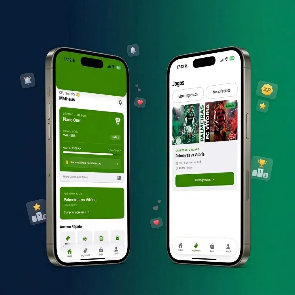 App +Arena Fan em dois iPhones com tela de sócio torcedor, gamificação XP e compra de ingressos